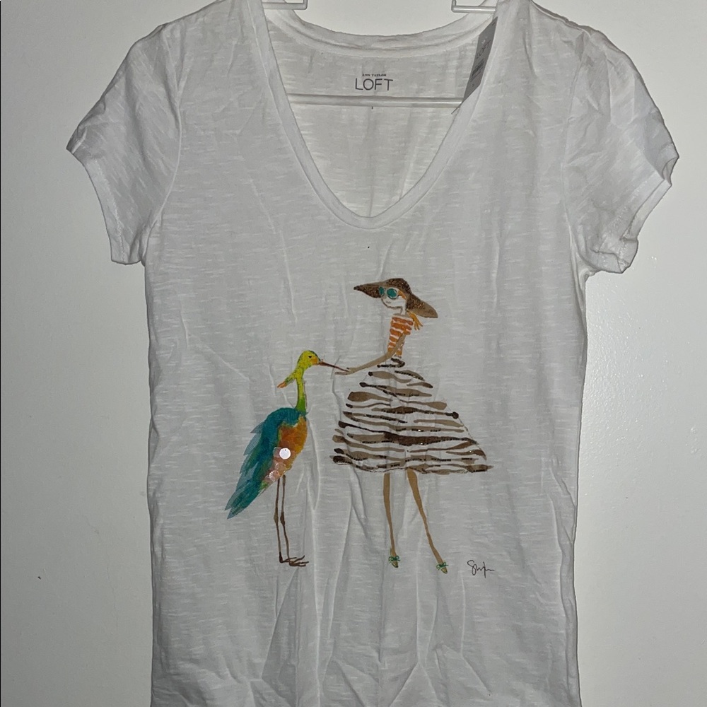 LOFT White Tee with Artistic Bird Design Women Size small NWT
